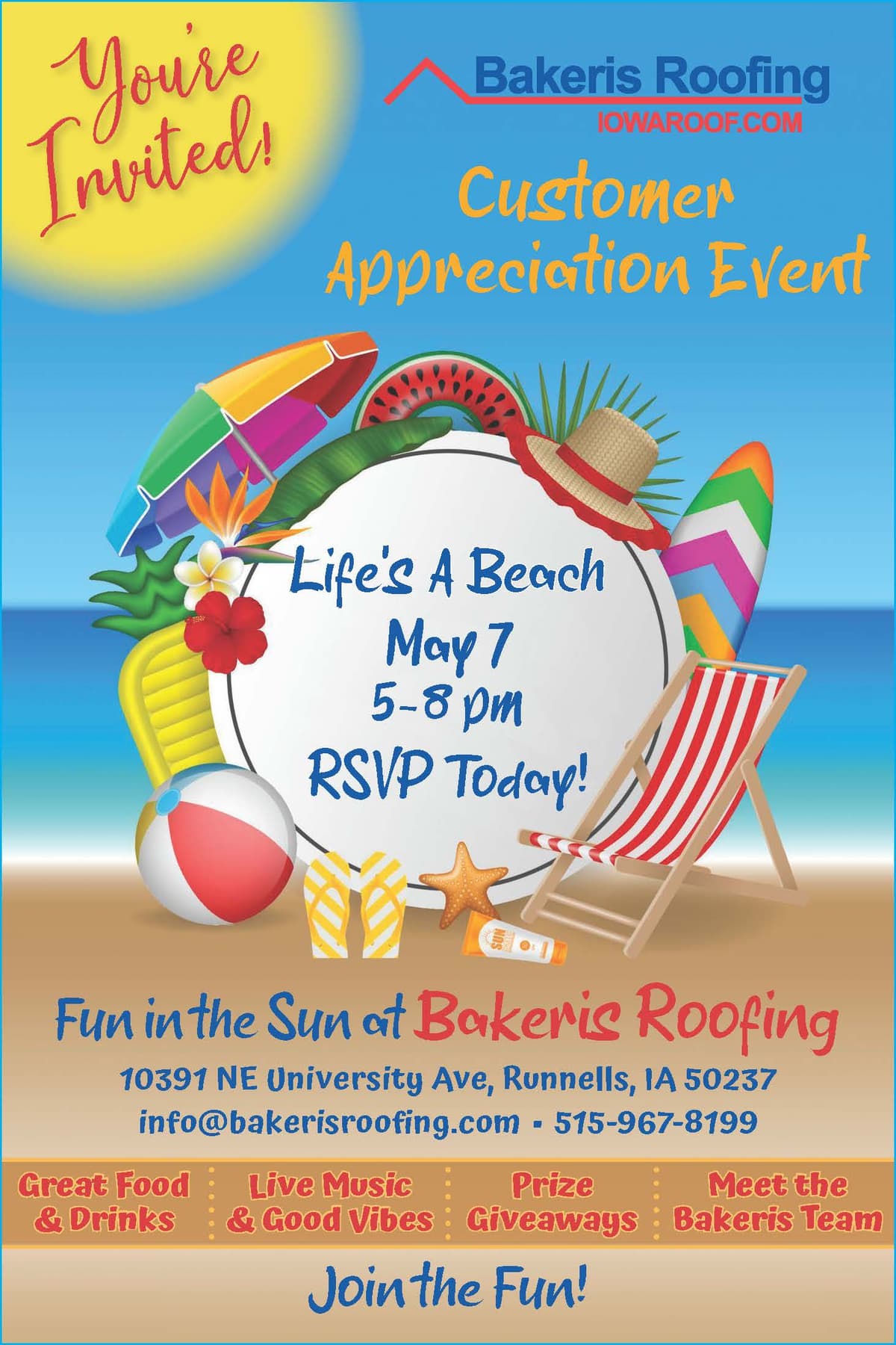 Life's A Beach — Bakeris Roofing Customer Appreciation Event, May 7, 5-8 PM