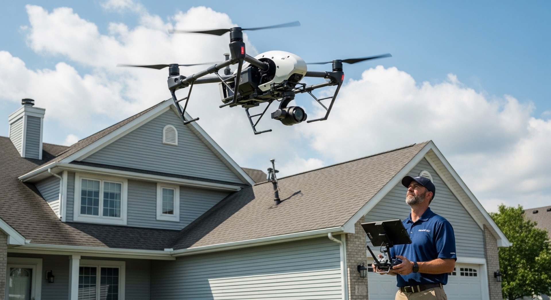 Bakeris Roofing technician inspecting a residential roof in Des Moines, Iowa